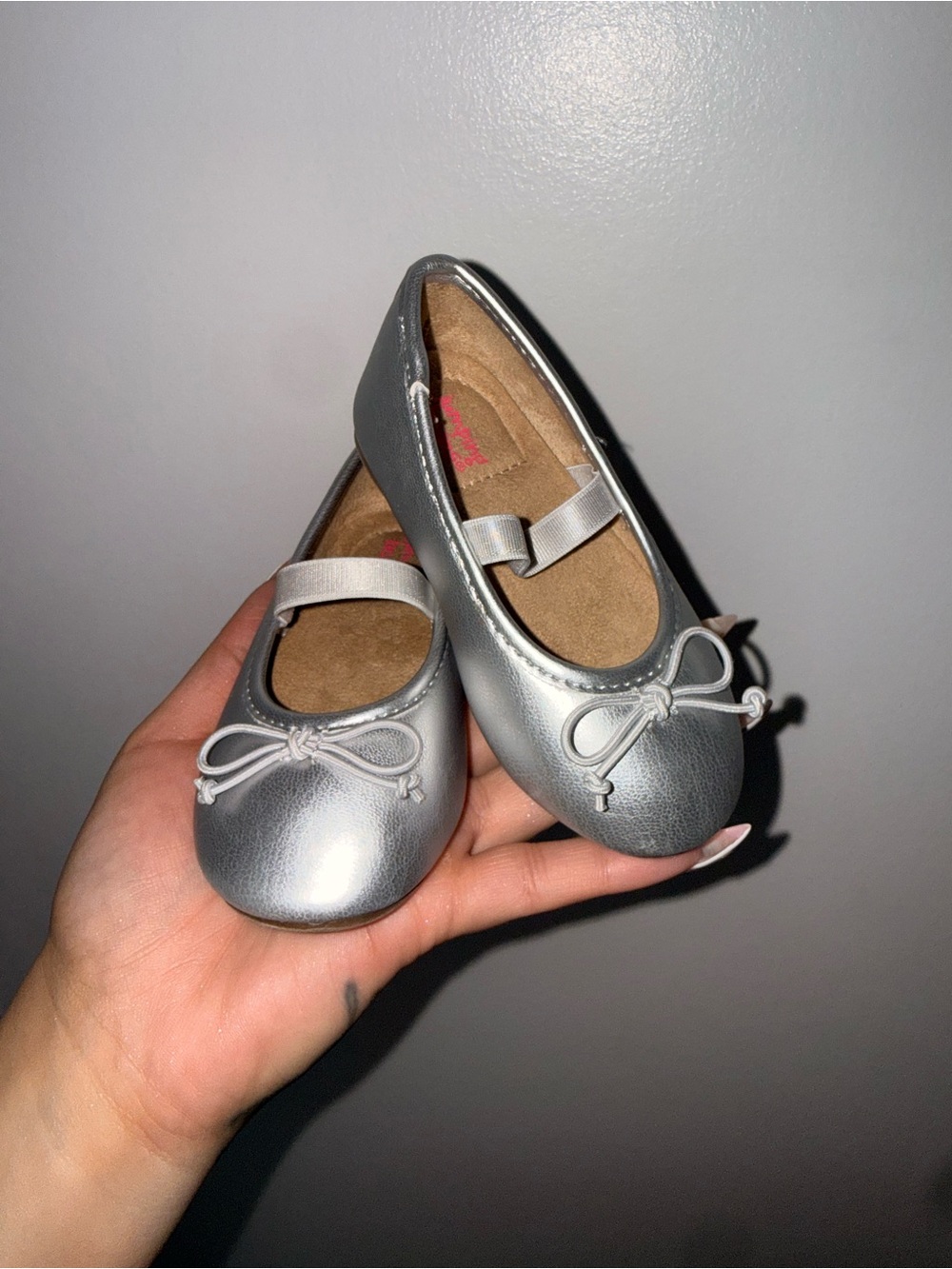 jumping beans Silver Girls Ballet Flats with Bow and Strap toddler Sz 5